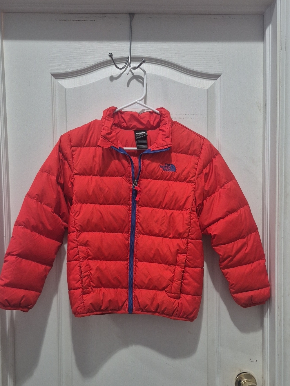 The North Face Kids Red Puffer Jacket with Blue Trim